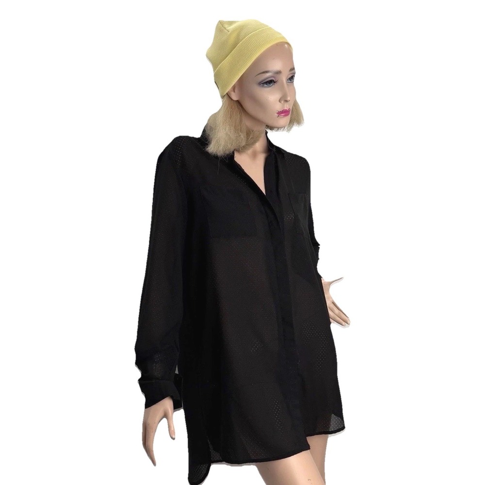 Covet Anthropology Sheer Black Button Down Blouse Dress Micro Dot Collared S